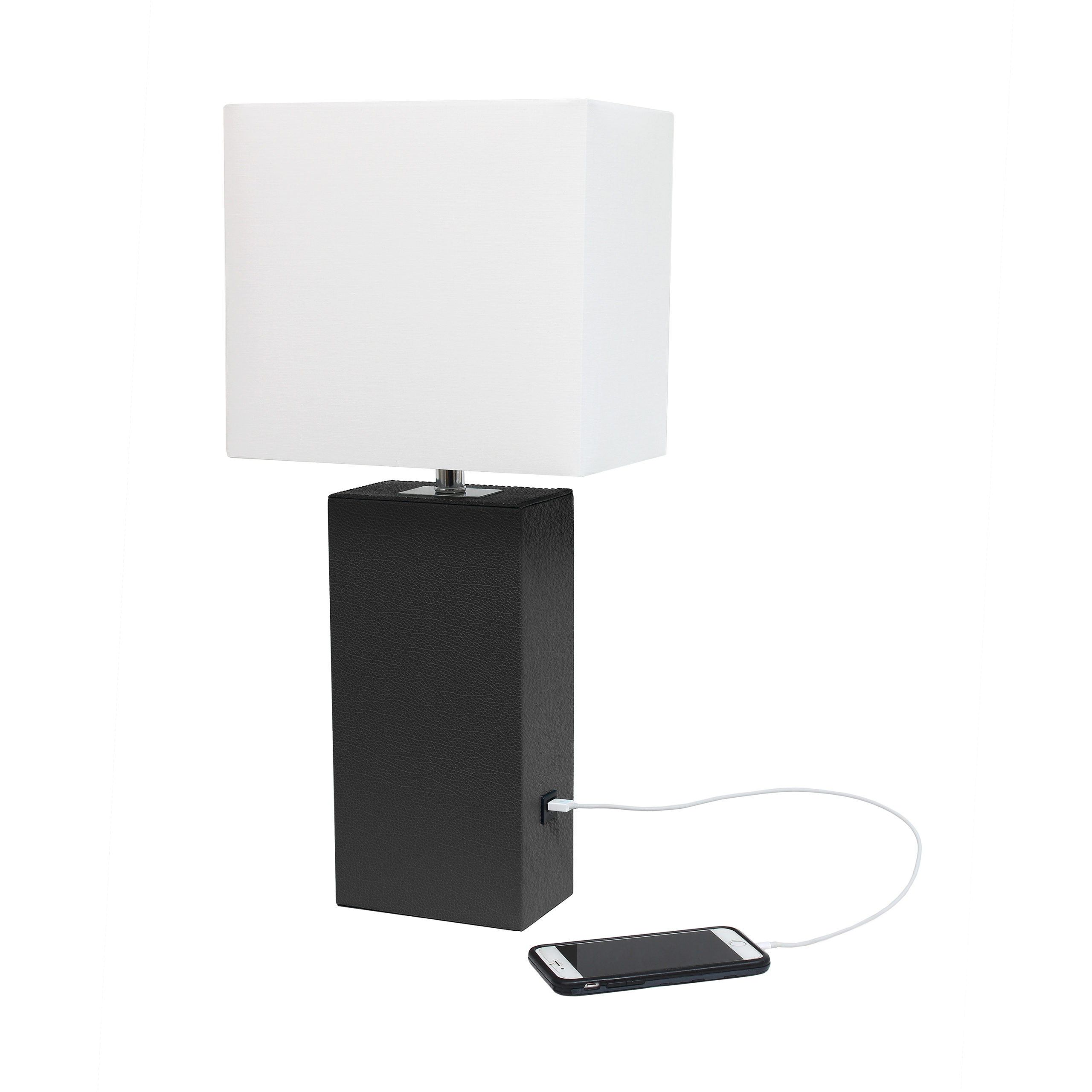 Elegant Designs Modern Leather Table Lamp with USB and White Fabric Shade, Black - Image 4