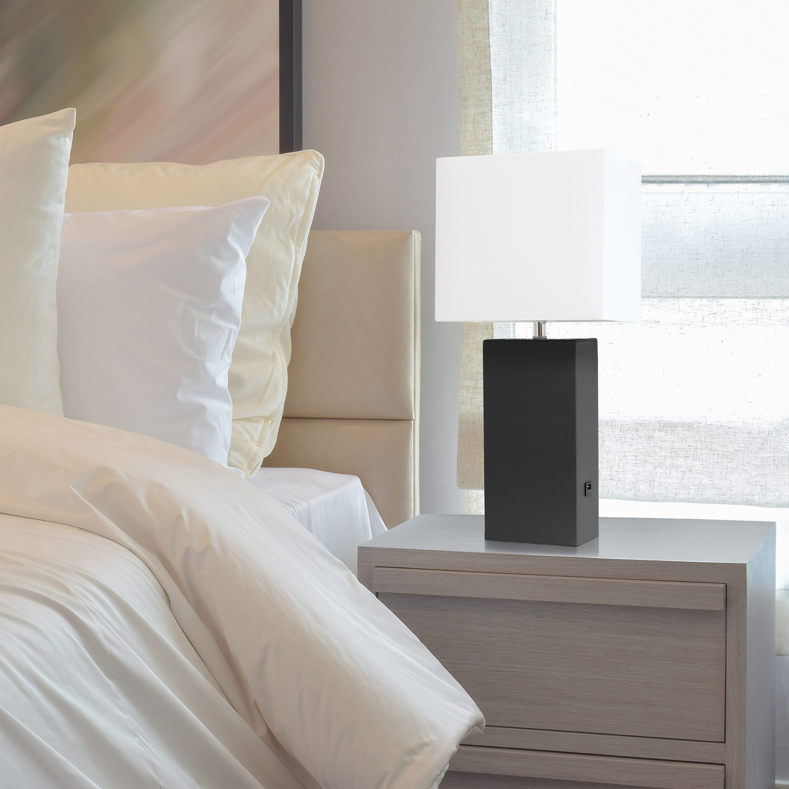 Elegant Designs Modern Leather Table Lamp with USB and White Fabric Shade, Black - Image 3