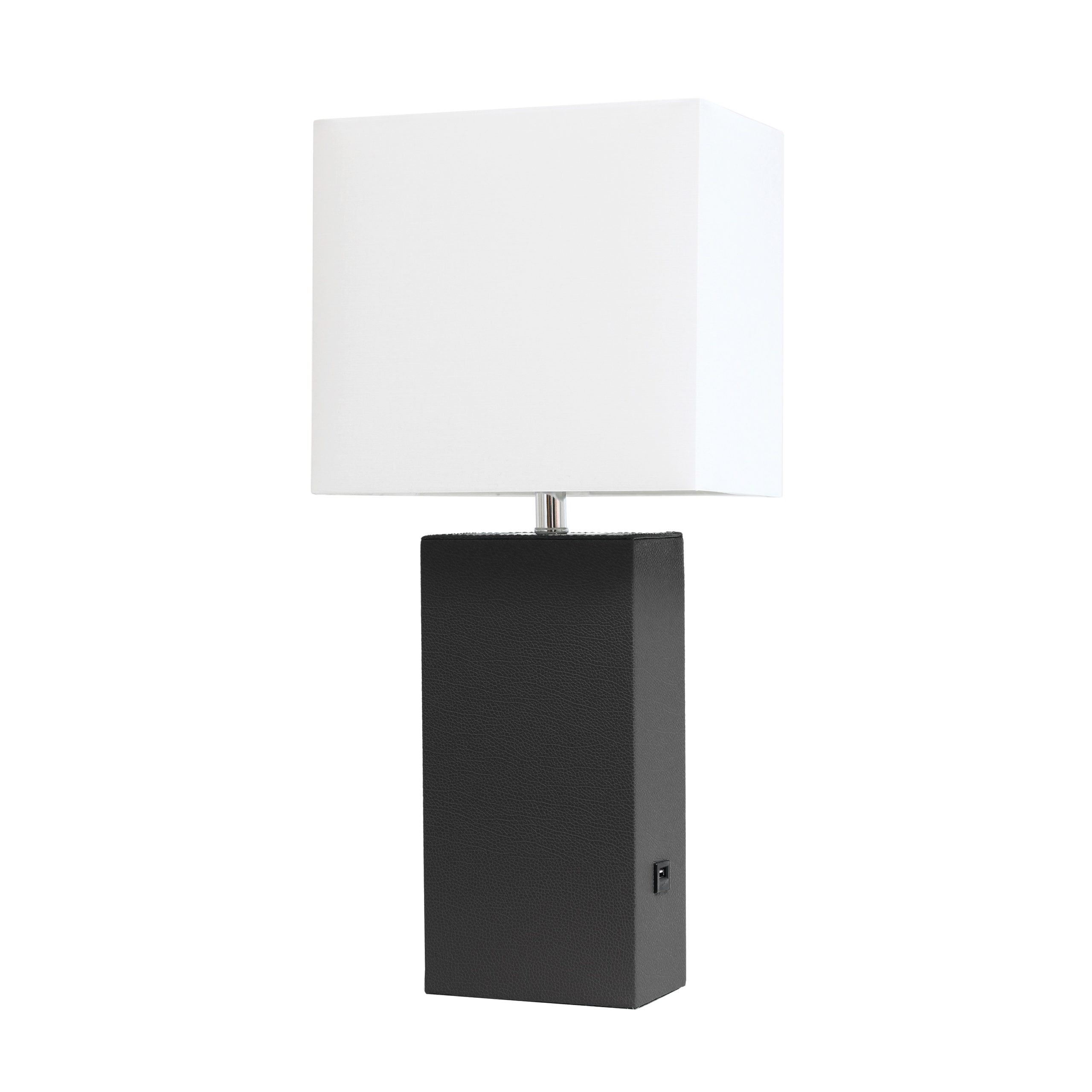Elegant Designs Modern Leather Table Lamp with USB and White Fabric Shade, Black