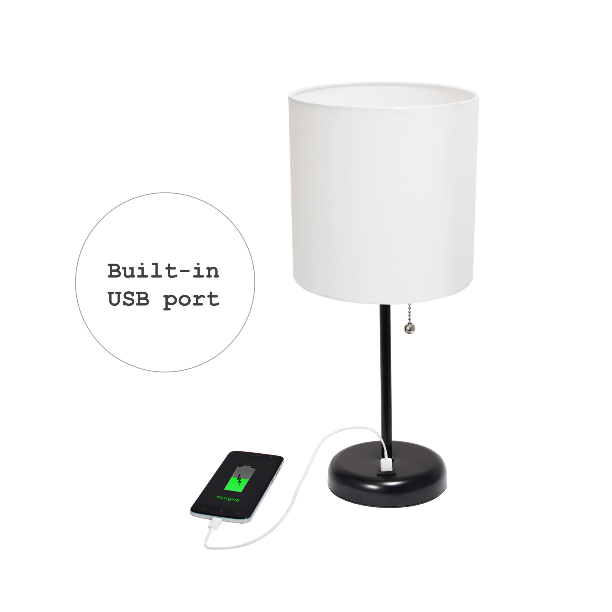 LimeLights Black Stick Lamp with USB charging port and Fabric Shade, White All The Rages