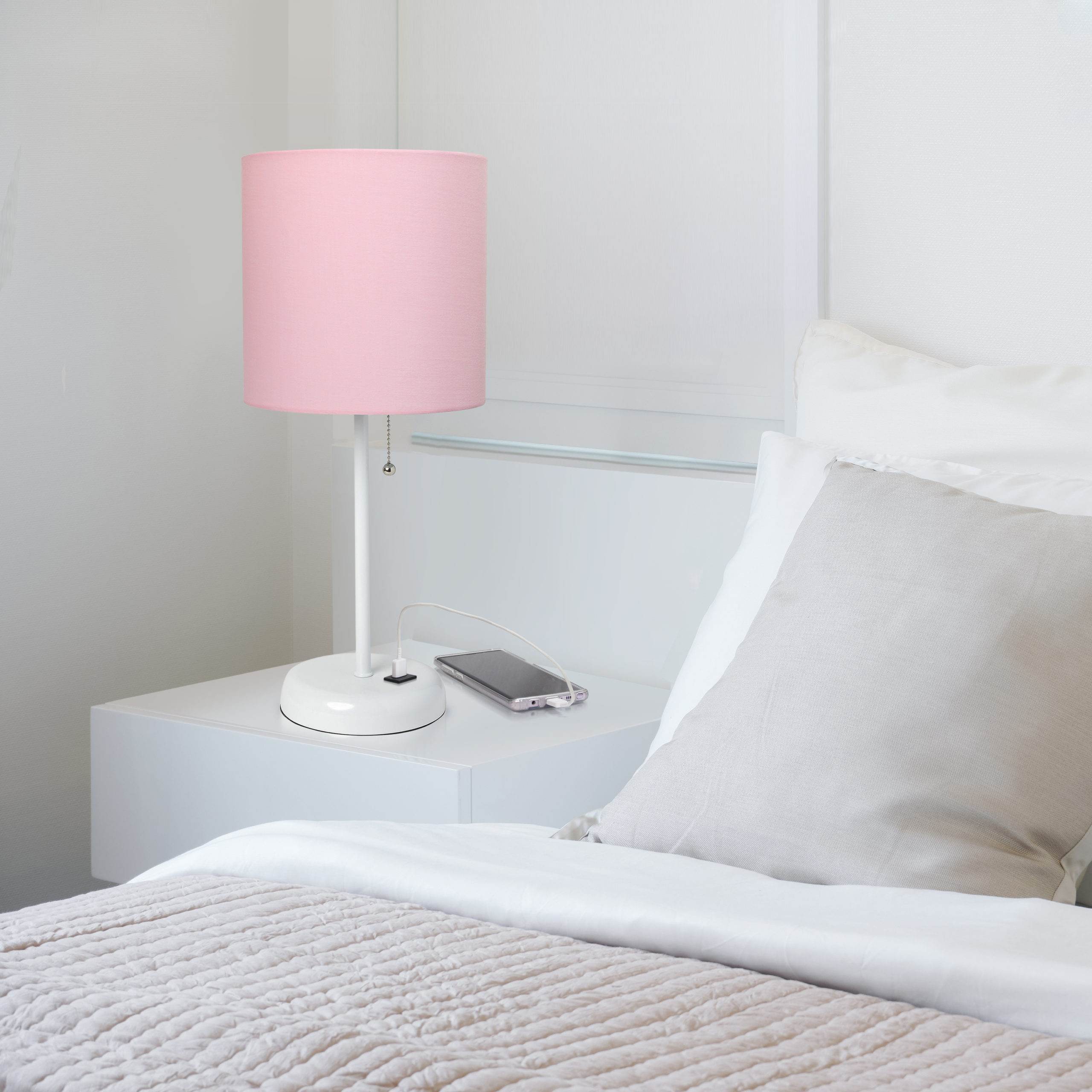 Limelights White Stick Lamp With Usb Charging Port And Fabric